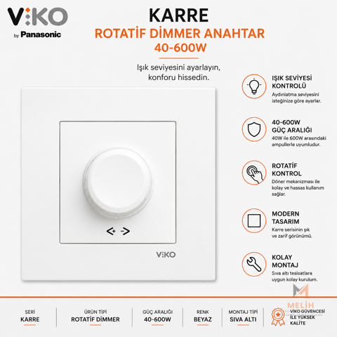 Viko Karre Beyaz Rotatif Dimmer Anahtar 40-600W - VIKO elektrik malzemesi
