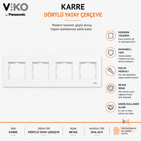 Viko Karre Beyaz Dörtlü Yatay Çerçeve - VIKO elektrik malzemesi