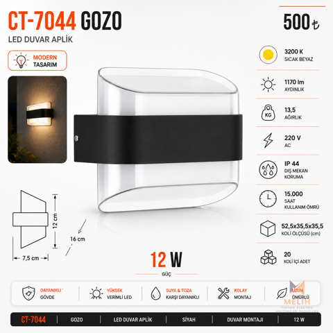 CT-7044 Gozo 12W LED Duvar Aplik - CATA elektrik malzemesi