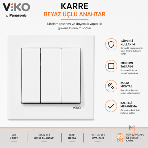 Viko Karre Beyaz Üçlü Anahtar - VIKO elektrik malzemesi