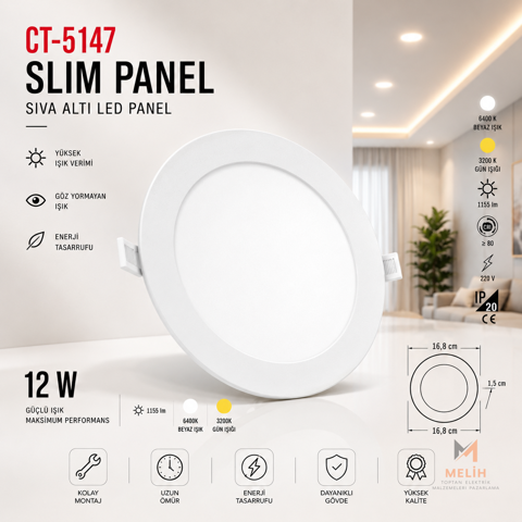 CT-5147 12W Slim LED Panel - CATA elektrik malzemesi
