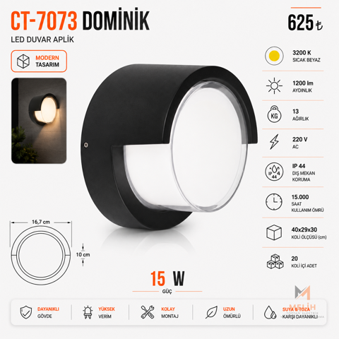 CT-7073 Dominik 15W LED Duvar Aplik Sıcak Beyaz - CATA elektrik malzemesi