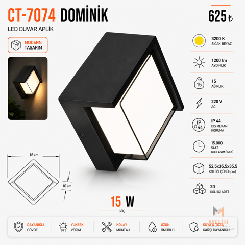 CT-7074 Dominik 15W LED Duvar Aplik - CATA elektrik malzemesi