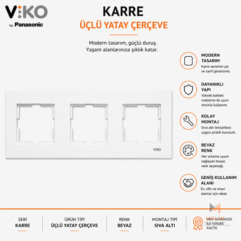 Viko Karre Beyaz Üçlü Yatay Çerçeve - VIKO elektrik malzemesi