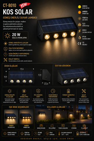 CATA CT-8010 KOS Solar LED Aplik 🟡 Günışığı - CATA elektrik malzemesi
