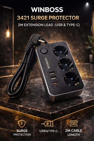 WINBOSS 3421 Termal Akım Korumalı 2 Metre Uzatma Prizi (USB + Type-C) - Wellbox elektrik malzemesi