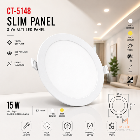 CT-5148 15W Slim LED Panel - CATA elektrik malzemesi