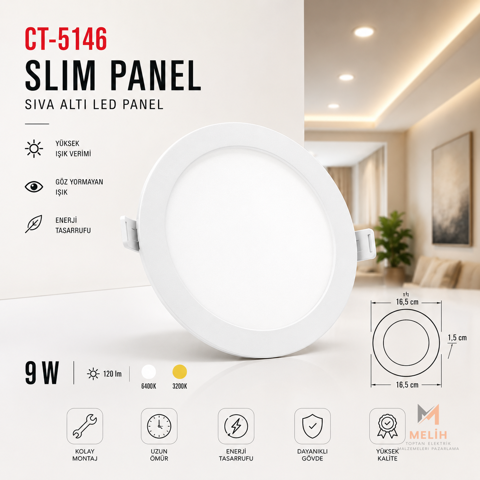 CT-5146 9W Slim LED Panel  - CATA elektrik malzemesi