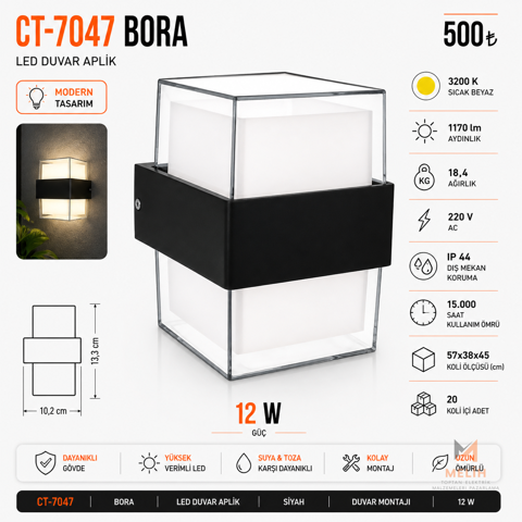 CT-7047 Bora 12W LED Duvar Aplik - CATA elektrik malzemesi