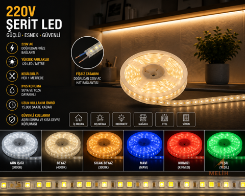 220V Şerit LED (10 cm’de Kesilebilir) + 220V Fiş (metre fiyat) - Melih Elektrik elektrik malzemesi