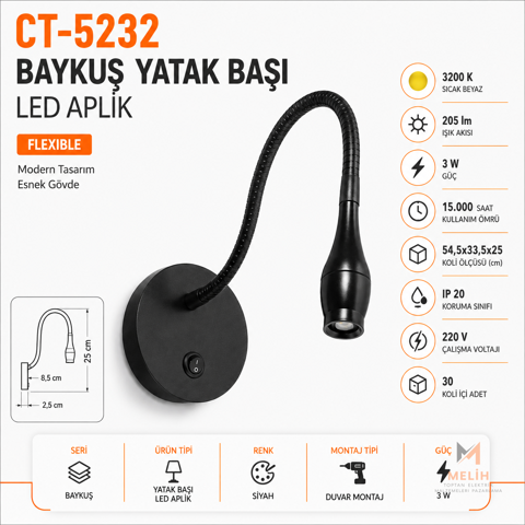 CT-5232 Baykuş Yatak Başı LED Aplik 3W 3200K Siyah - CATA elektrik malzemesi