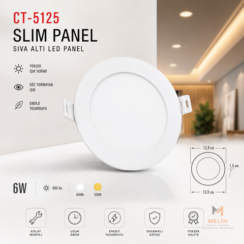 CT-5145 6W Slim LED Panel  - CATA elektrik malzemesi