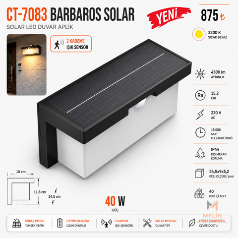 CT-7083 Barbaros Solar 40W LED Duvar Aplik - CATA elektrik malzemesi