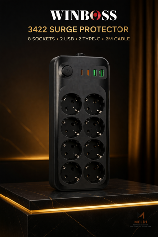 WINBOSS 3422 8’li Akım Korumalı Uzatma Prizi (2 Type-C + 2 USB, 2 Metre) - Wellbox elektrik malzemesi