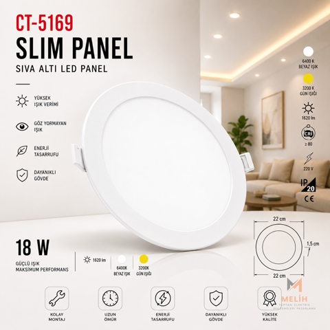 CT-5169 18W Slim LED Panel - CATA elektrik malzemesi