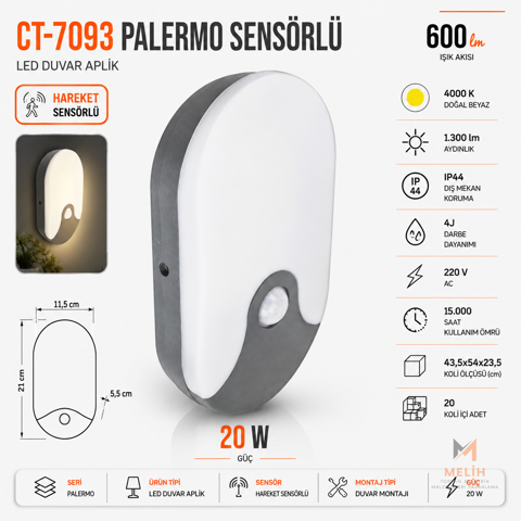 CT-7092 Palermo Sensörlü 20W LED Aplik Beyaz - CATA elektrik malzemesi