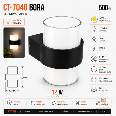 CT-7048 Bora 12W LED Duvar Aplik - CATA elektrik malzemesi