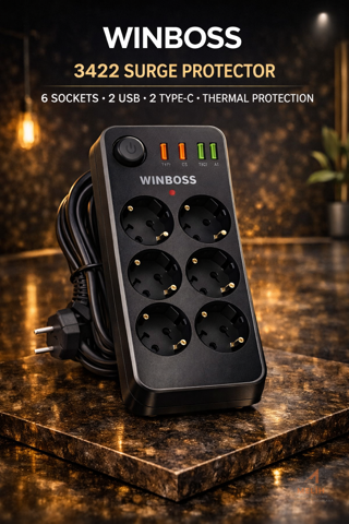 WINBOSS 3421 6’lı Akım Korumalı Uzatma Prizi (2 Type-C + 2 USB, 2 Metre) - Wellbox elektrik malzemesi