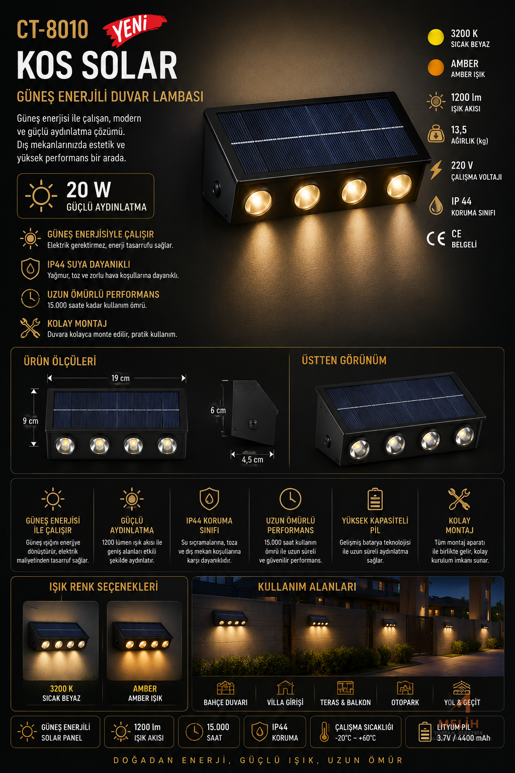 CATA CT-8010 KOS Solar LED Aplik 🟡 Günışığı - CATA elektrik malzemesi