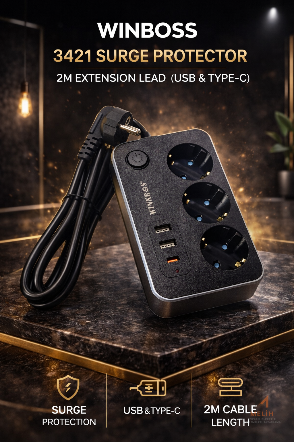 WINBOSS 3421 Termal Akım Korumalı 2 Metre Uzatma Prizi (USB + Type-C) - Wellbox elektrik malzemesi
