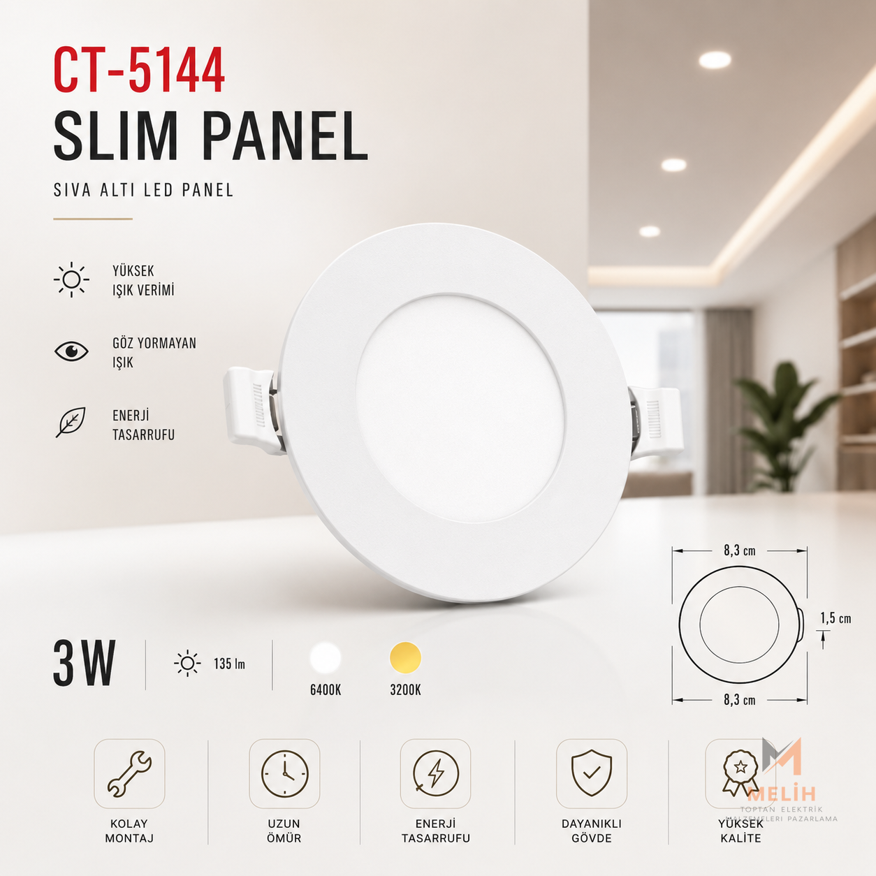 CT-5144 3W Slim LED Panel Armatür