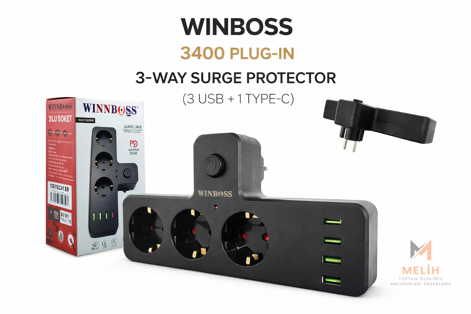 WINBOSS 3400 3’lü Akım Korumalı Fiş Tipi Priz (3 USB + 1 Type-C)
