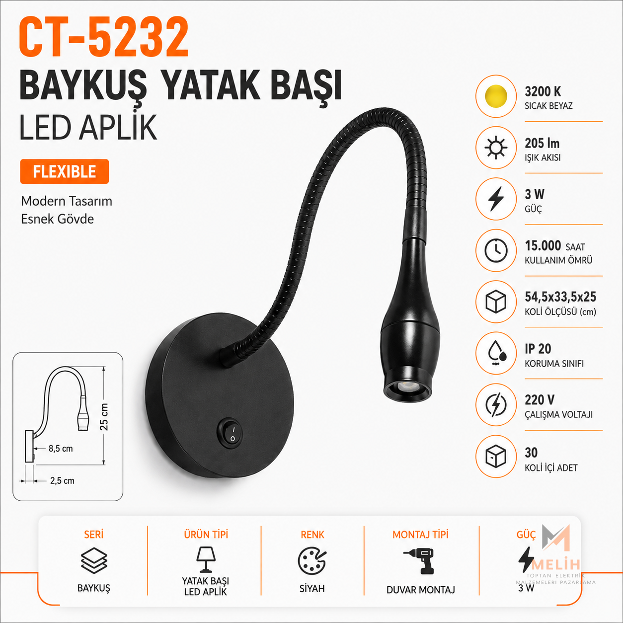 CT-5232 Baykuş Yatak Başı LED Aplik 3W 3200K Siyah - CATA elektrik malzemesi