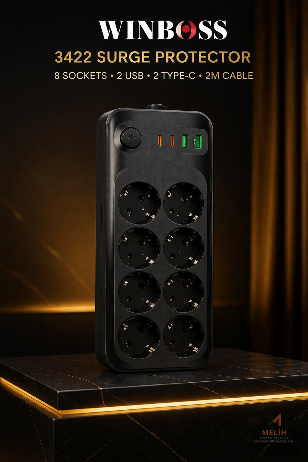 WINBOSS 3422 8’li Akım Korumalı Uzatma Prizi (2 Type-C + 2 USB, 2 Metre) - Wellbox elektrik malzemesi