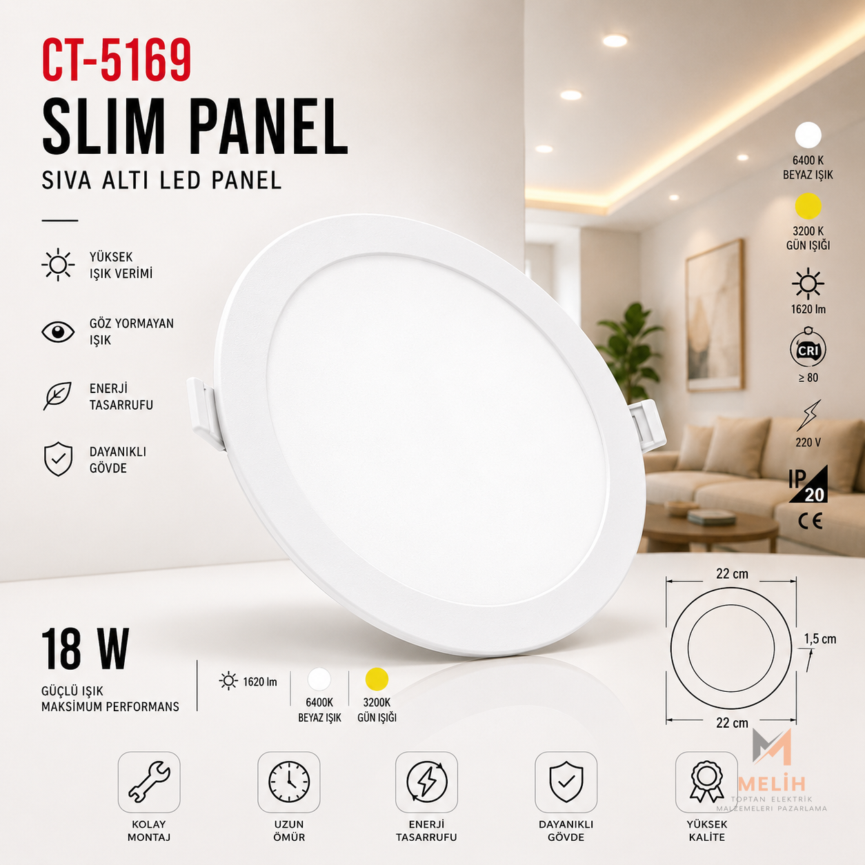 CT-5169 18W Slim LED Panel - CATA elektrik malzemesi